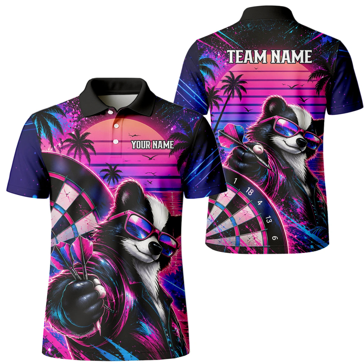 Personalisiertes Dartshirt in Pink, Lila und Blau mit Neon-Waschbären, Palmen, Sonnenuntergang und Dartscheibe für Herren N5114