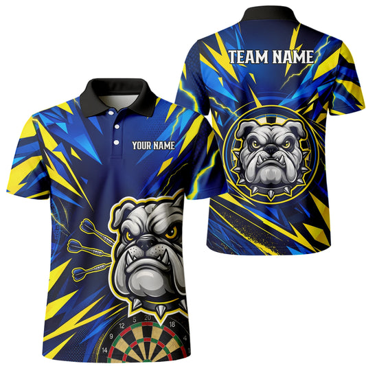 Personalisiertes Dartshirt in Blau und Gelb mit Bulldogge, Blitzen und Dartscheibe für Herren H1141