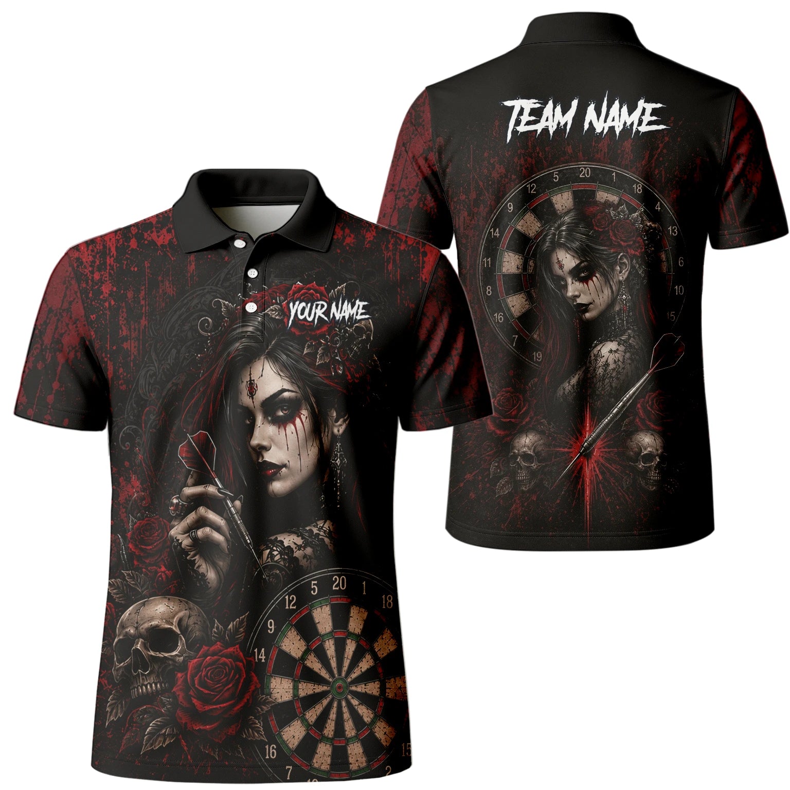 Personalisiertes Schwarz-rotes Gothic-Frauen-Totenkopf-Dartshirt für Herren W035