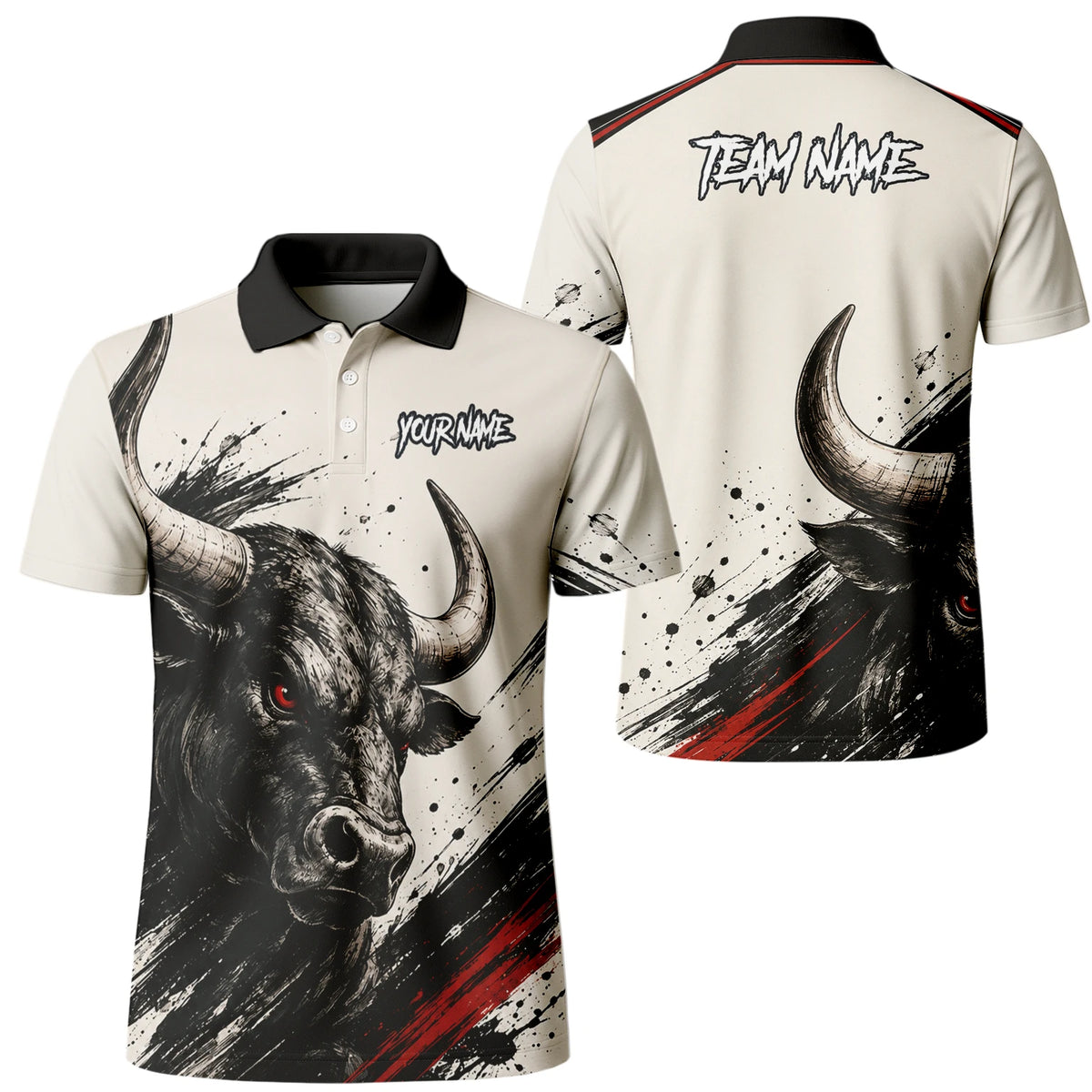 Personalisiertes Dartshirt mit weiß-schwarz-rotem Bullen für Herren H473