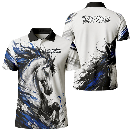 Personalisiertes Dartshirt mit weiß-schwarz-blauem steigenden Pferd für Herren O686