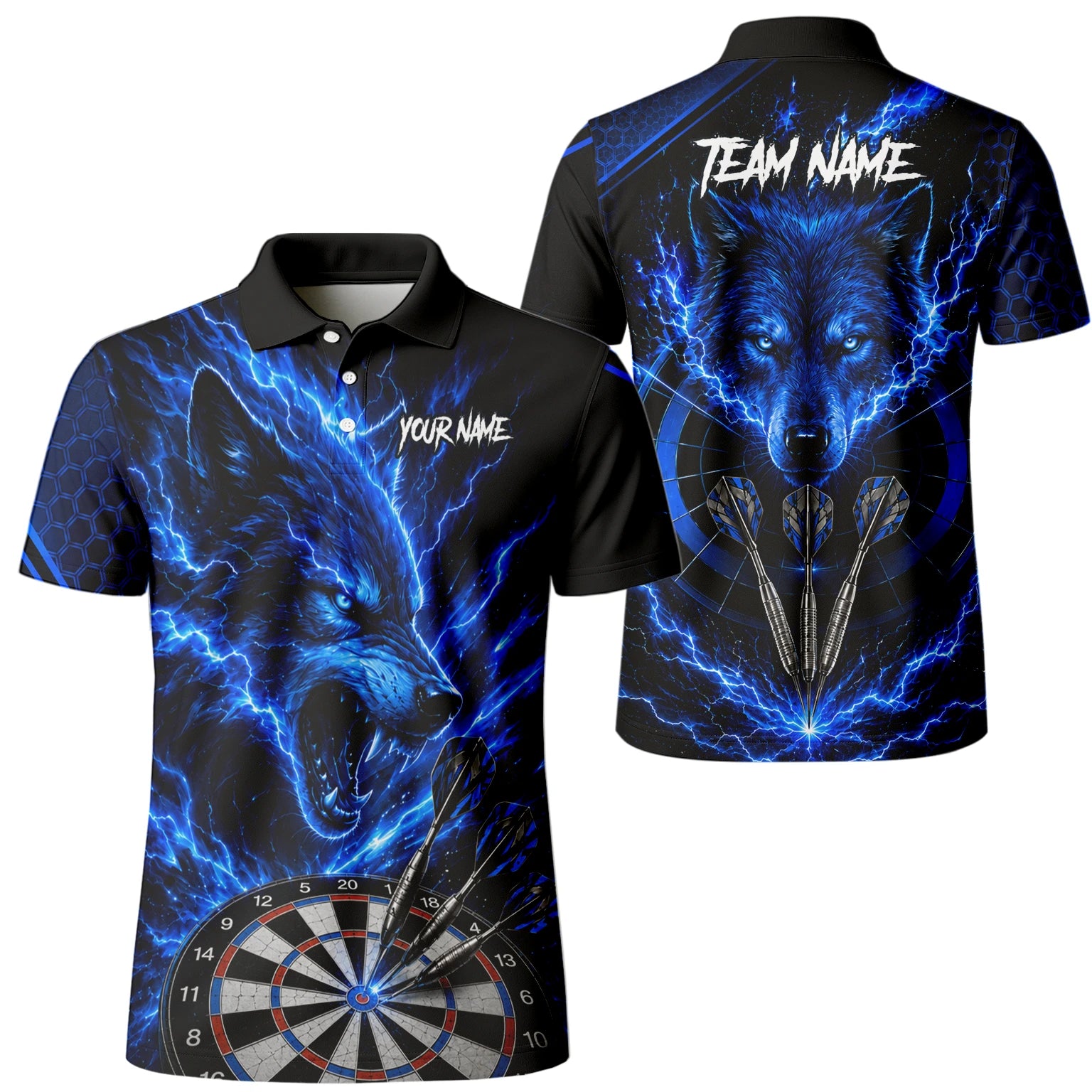 Personalisiertes Schwarz-blaues Wolf-Blitz-Dartshirt für Herren Y375