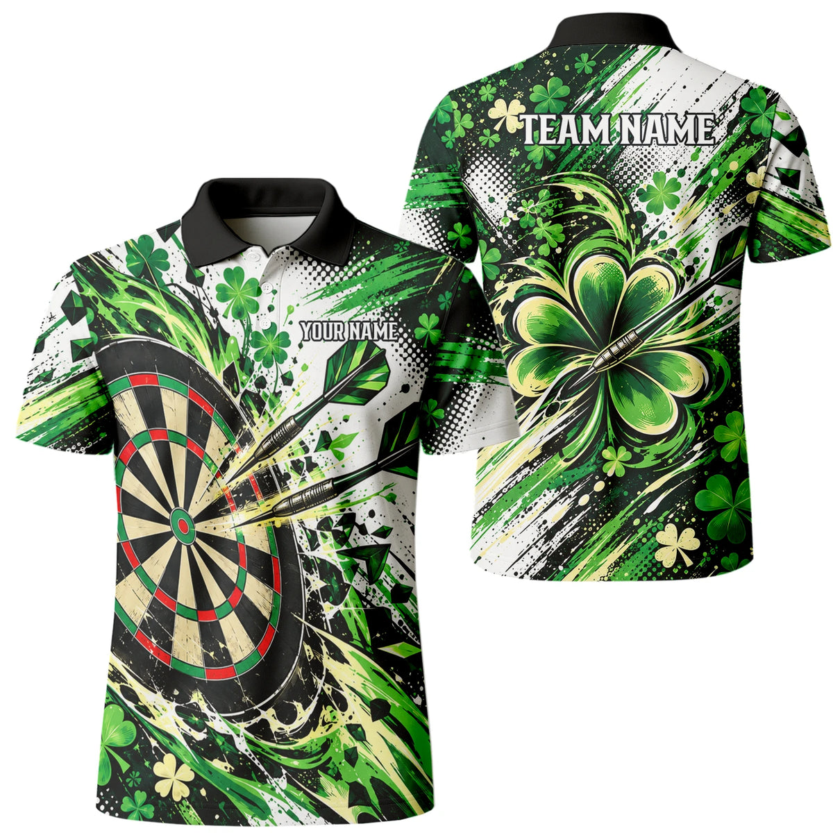 Personalisiertes Dartshirt in Grün, Schwarz und Weiß mit Kleeblättern und Dartscheibe für Herren J0950