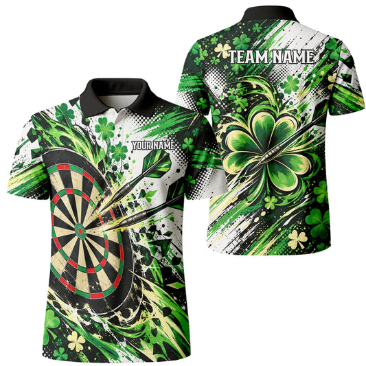 Personalisiertes Dartshirt in Grün, Schwarz und Weiß mit Kleeblättern und Dartscheibe für Herren J0950