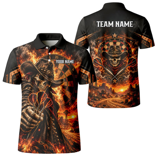 Personalisiertes Dartshirt in Schwarz und Orange mit Cowboy-Totenkopf, Flammen und Dartscheibe für Herren G9772