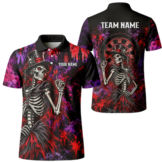 Personalisiertes Dartshirt in Schwarz, Rot und Lila mit Skelett, Zylinder und Dartscheibe für Herren P3058