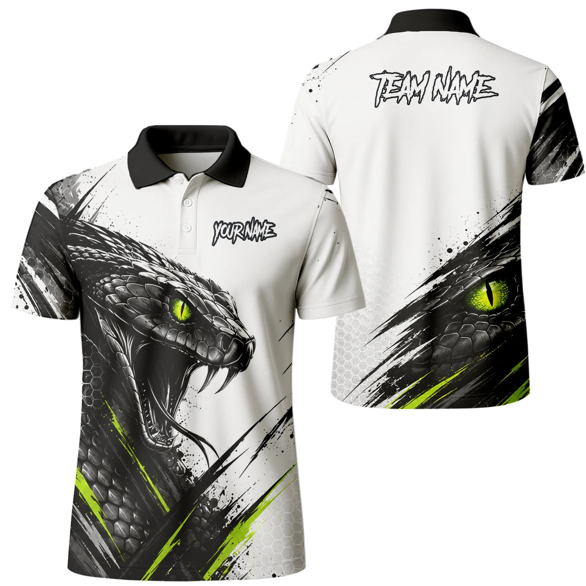 Personalisiertes Dartshirt mit weiß-schwarz-grüner Kobra für Herren I051