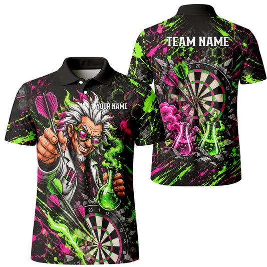 Personalisiertes Dartshirt in Schwarz, Grün und Pink mit verrücktem Wissenschaftler und Dartscheibe für Herren F9179