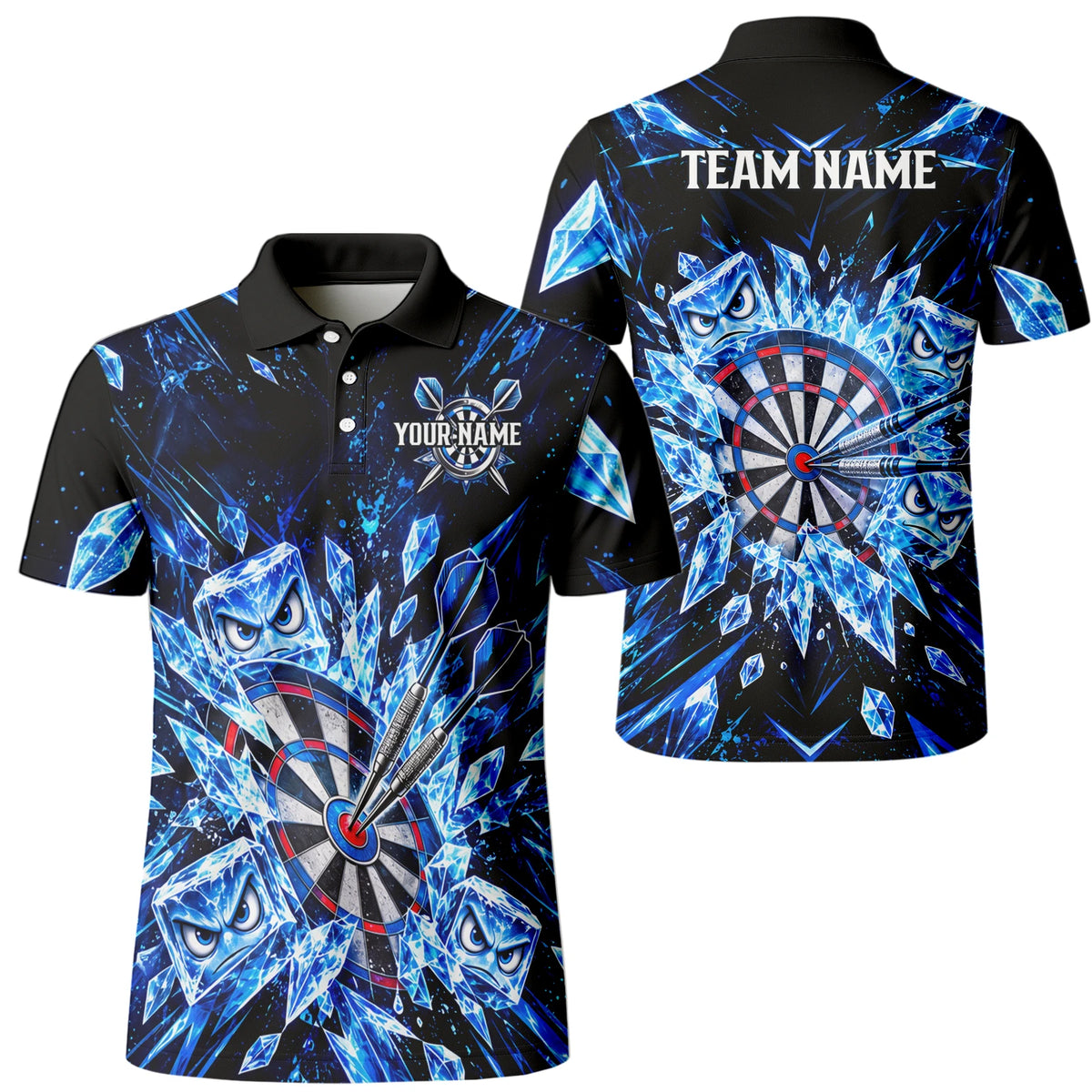 Personalisiertes Dartshirt in Schwarz und Blau mit Eiskristallen, Dartpfeilen und Dartscheibe für Herren X5114