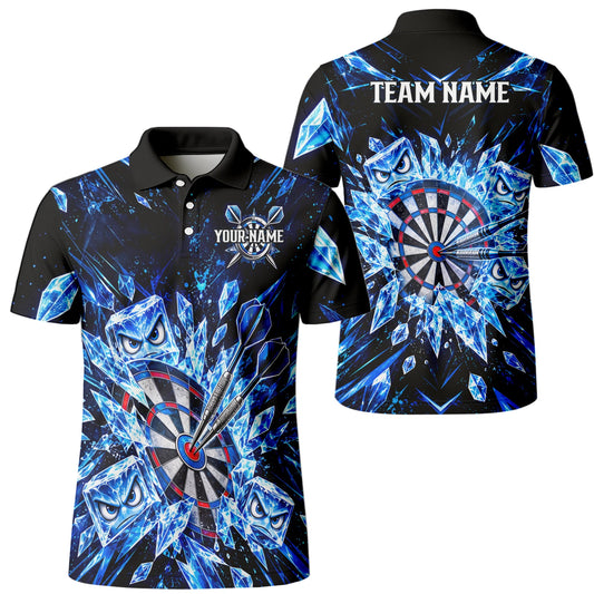 Personalisiertes Dartshirt in Schwarz und Blau mit Eiskristallen, Dartpfeilen und Dartscheibe für Herren X5114