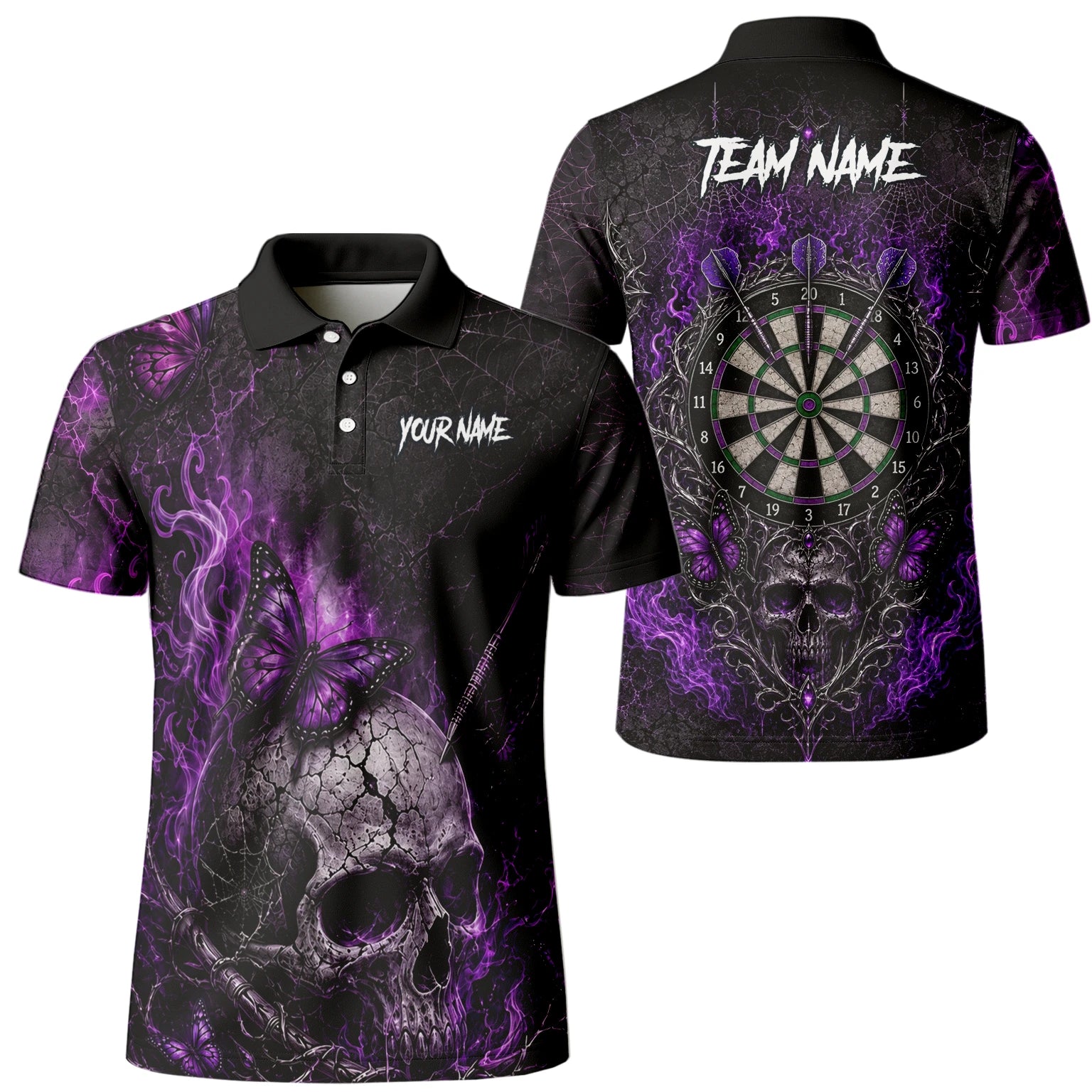 Personalisiertes Schwarz-lila Totenkopf-Schmetterling-Dartshirt für Herren Q241