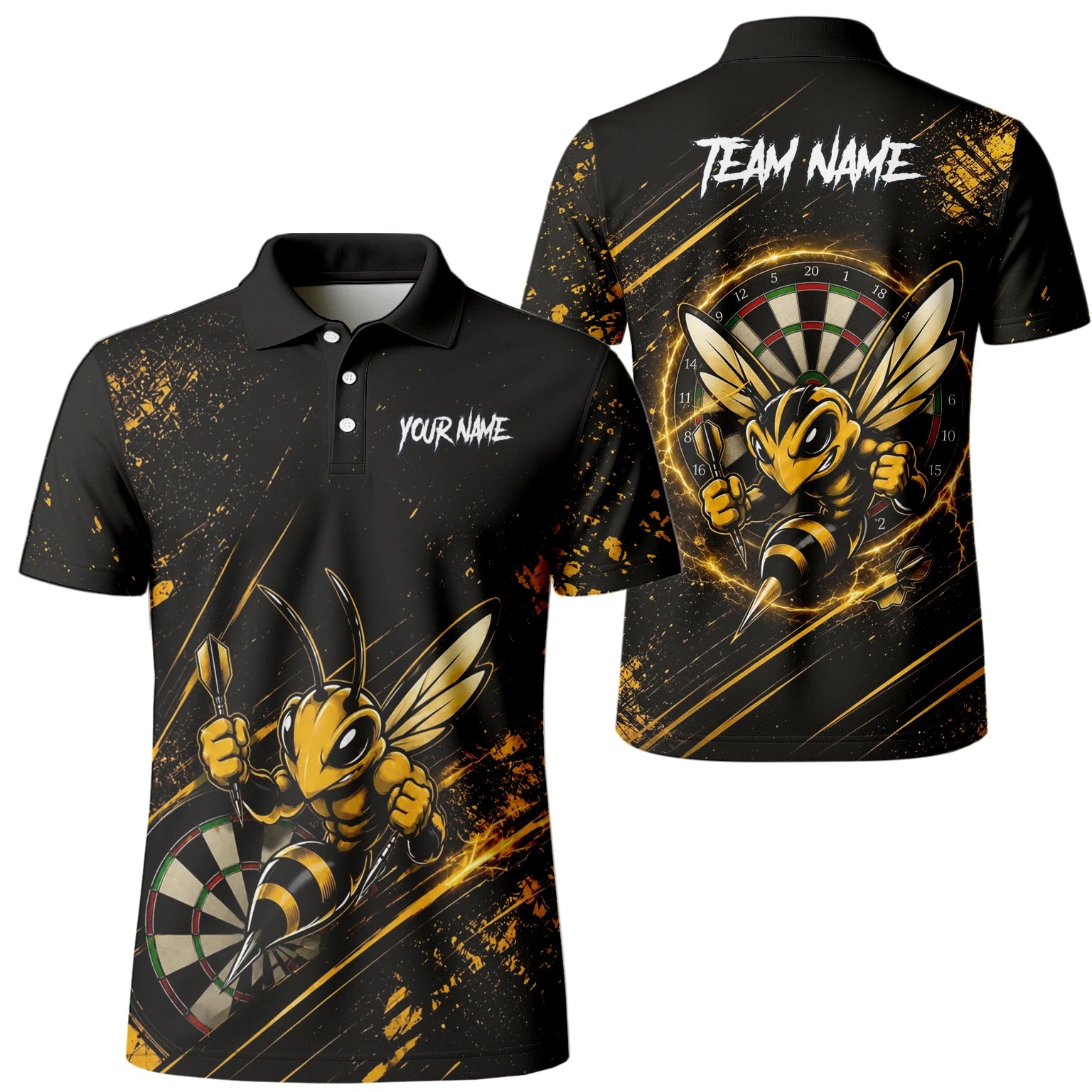 Personalisiertes Schwarz-goldenes Bienen-Dartboard Dartshirt für Herren L410