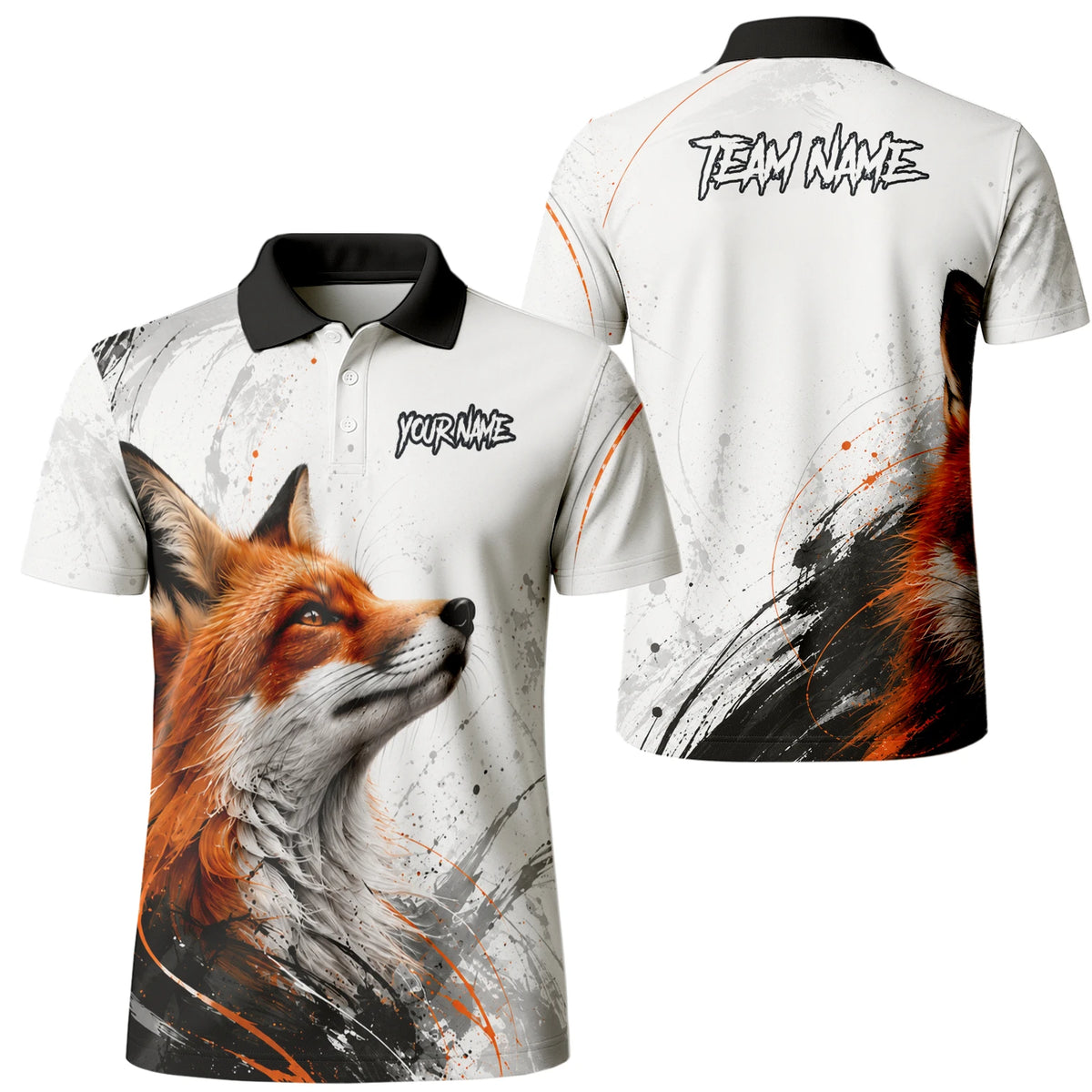 Personalisiertes Dartshirt mit weiß-schwarz-orangenem Fuchs für Herren D228