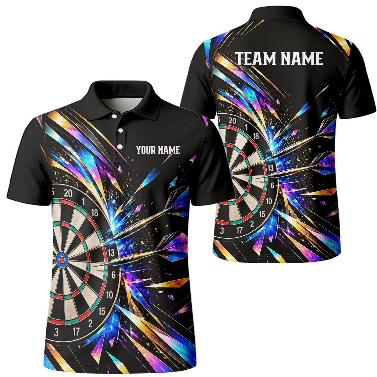Personalisiertes Dartshirt in Schwarz mit bunten geometrischen Splittern und Dartscheibe für Herren L2897