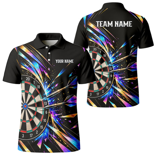 Personalisiertes Dartshirt in Schwarz mit bunten geometrischen Splittern und Dartscheibe für Herren L2897