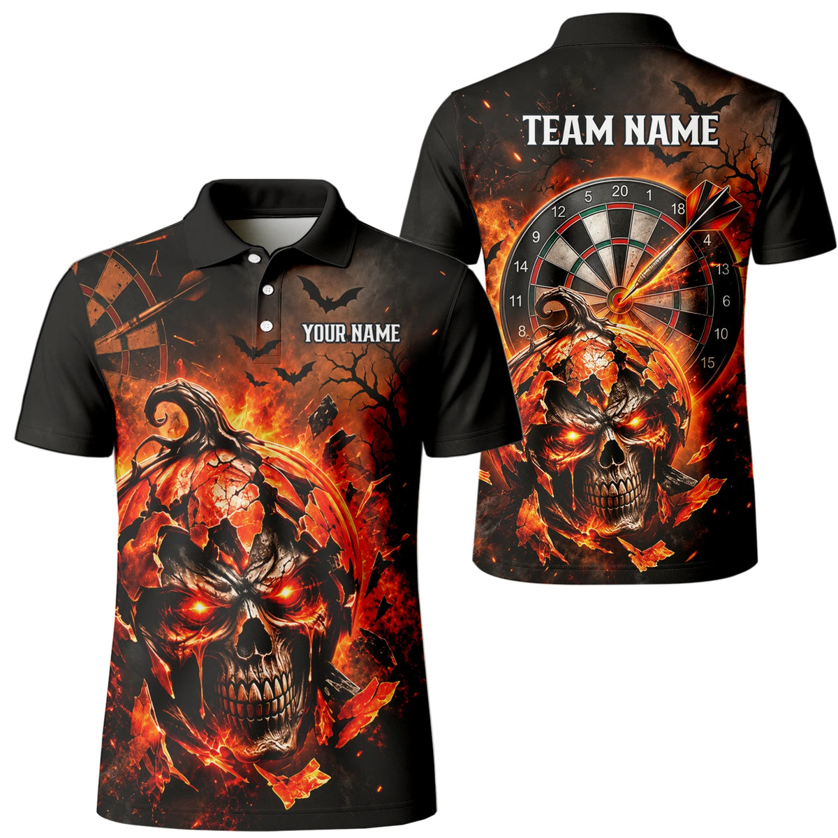 Personalisiertes Dartshirt in Schwarz und Orange mit flammendem Kürbis-Totenkopf und Dartscheibe für Herren S4076