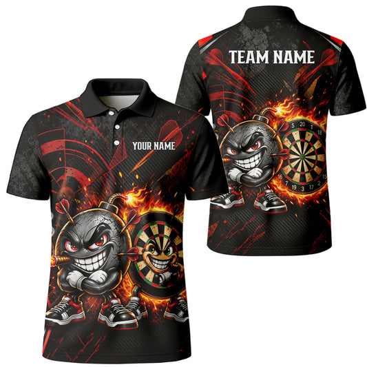 Personalisiertes Dartshirt mit schwarz-roter wütender Comic-Bombe und Dartscheibe für Herren C3423