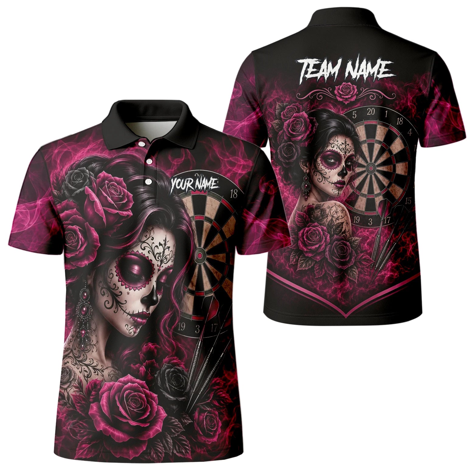 Personalisiertes Schwarz-pink Sugar-Skull-Rosen-Dartshirt für Herren Z109