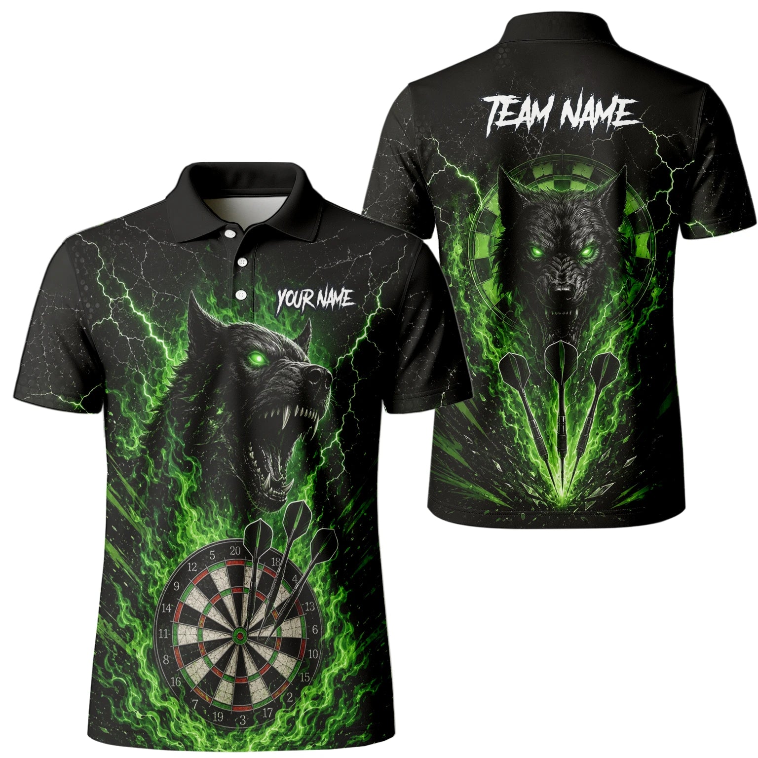 Personalisiertes Schwarz-grünes Wolf-Dartboard Dartshirt für Herren F303