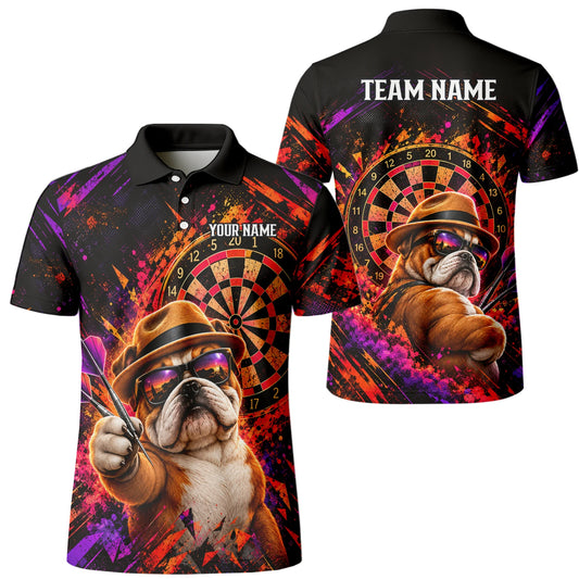 Personalisiertes Dartshirt in Schwarz, Orange und Lila mit Bulldogge, Hut und Dartscheibe für Herren T9938