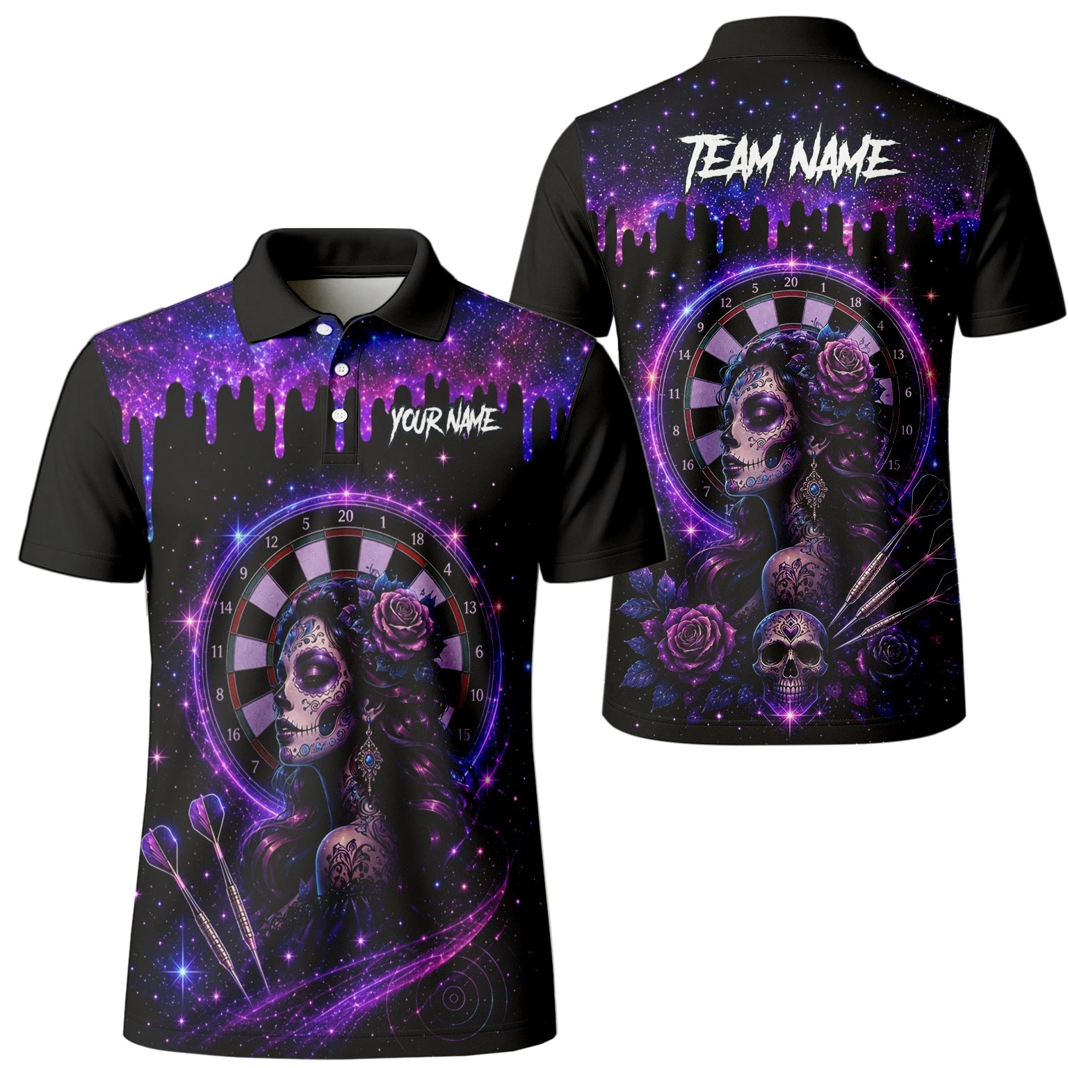 Personalisiertes Lila Galaxie Sugar-Skull-Dartshirt für Herren Z967