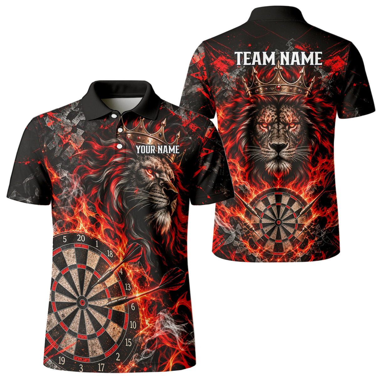Personalisiertes Dartshirt in Schwarz und Rot mit gekröntem Löwen, Flammen und Dartscheibe für Herren O5343