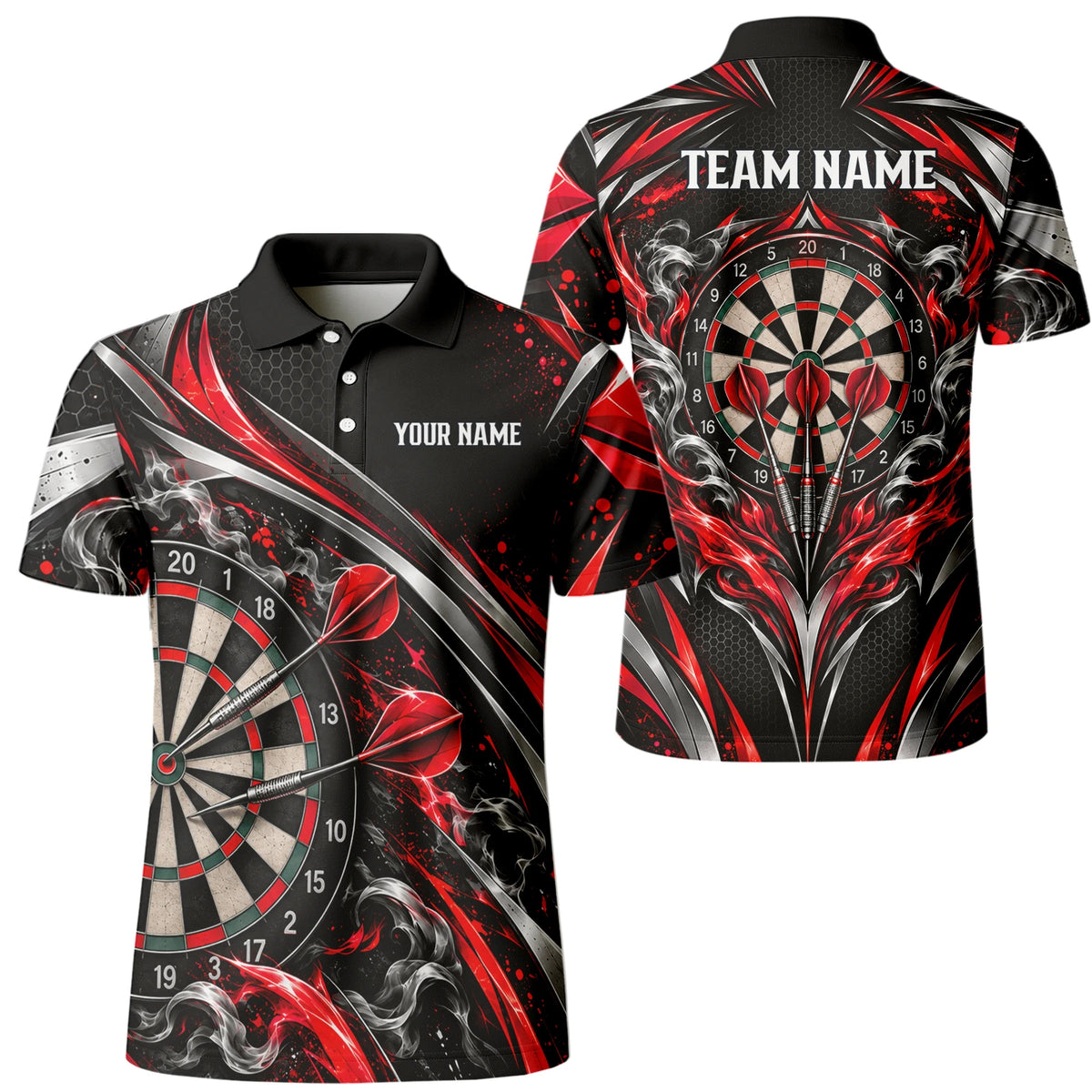 Personalisiertes Dartshirt in Schwarz, Rot und Silber mit geschwungenen Linien und Dartscheibe für Herren L9172