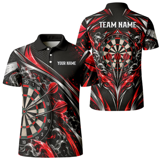 Personalisiertes Dartshirt in Schwarz, Rot und Silber mit geschwungenen Linien und Dartscheibe für Herren L9172