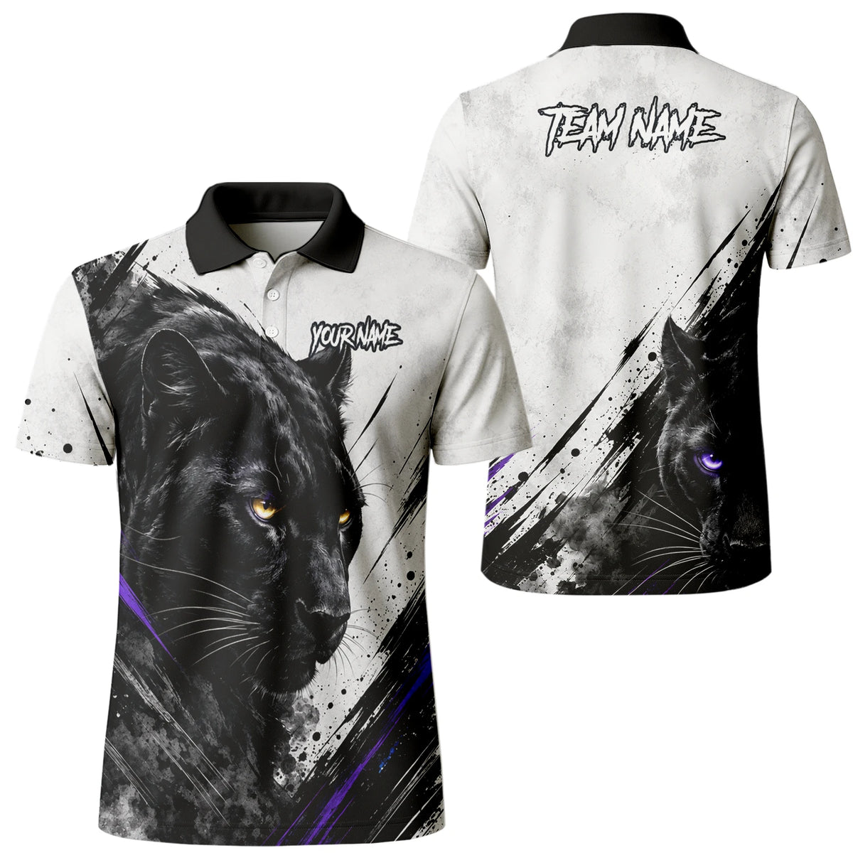 Personalisiertes Dartshirt mit weiß-schwarz-violettem Panther für Herren W442
