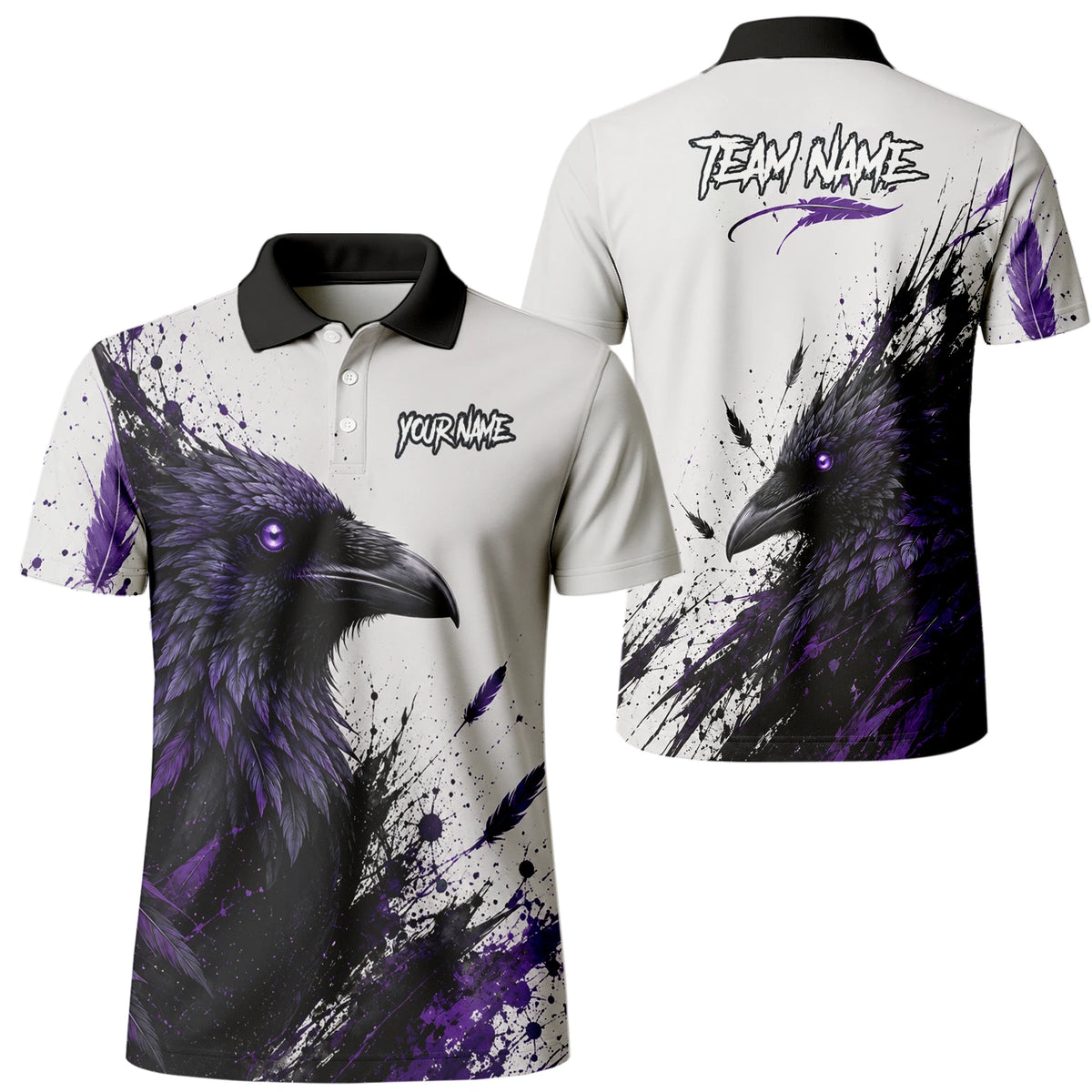 Personalisiertes Dartshirt mit weiß-schwarz-violettem Raben für Herren Z888