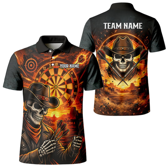 Personalisiertes Dartshirt in Schwarz und Orange mit Western-Cowboy-Totenkopf und Dartscheibe für Herren L8691