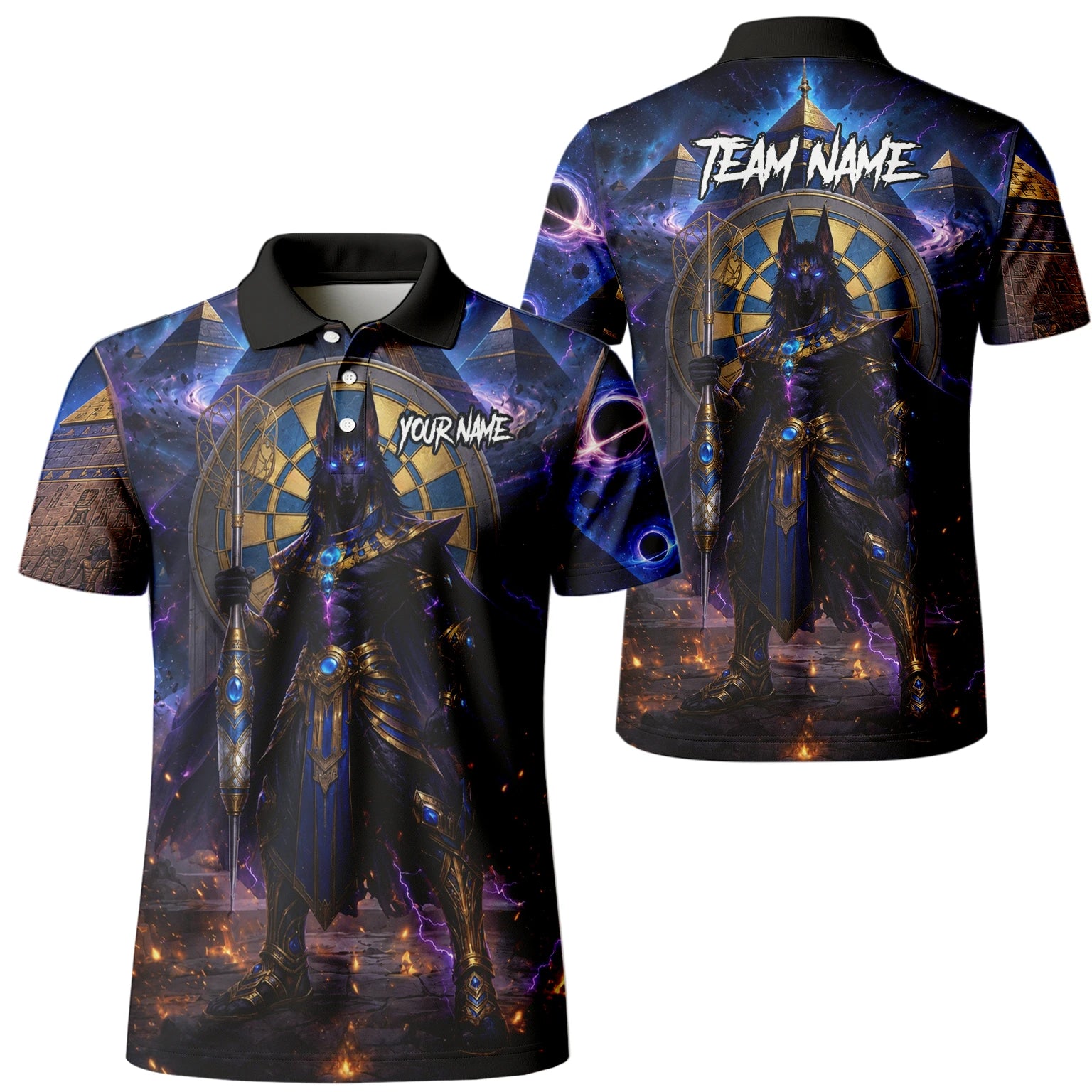 Personalisiertes Blau-gold-schwarzes Anubis-Dartshirt für Herren N118