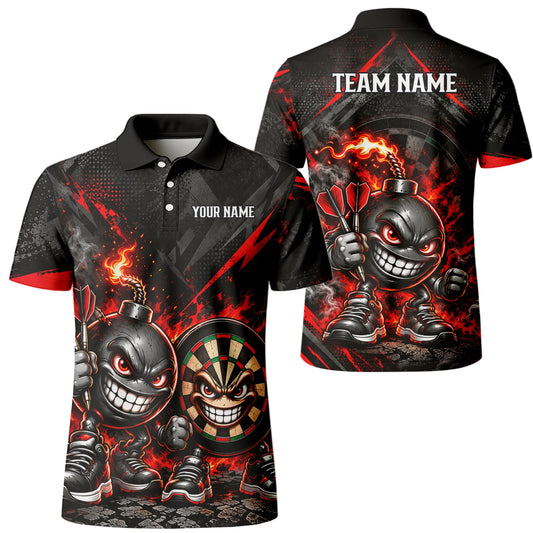 Personalisiertes Dartshirt in Schwarz und Rot mit feurigen Comic-Bomben und Dartscheibe für Herren U4656