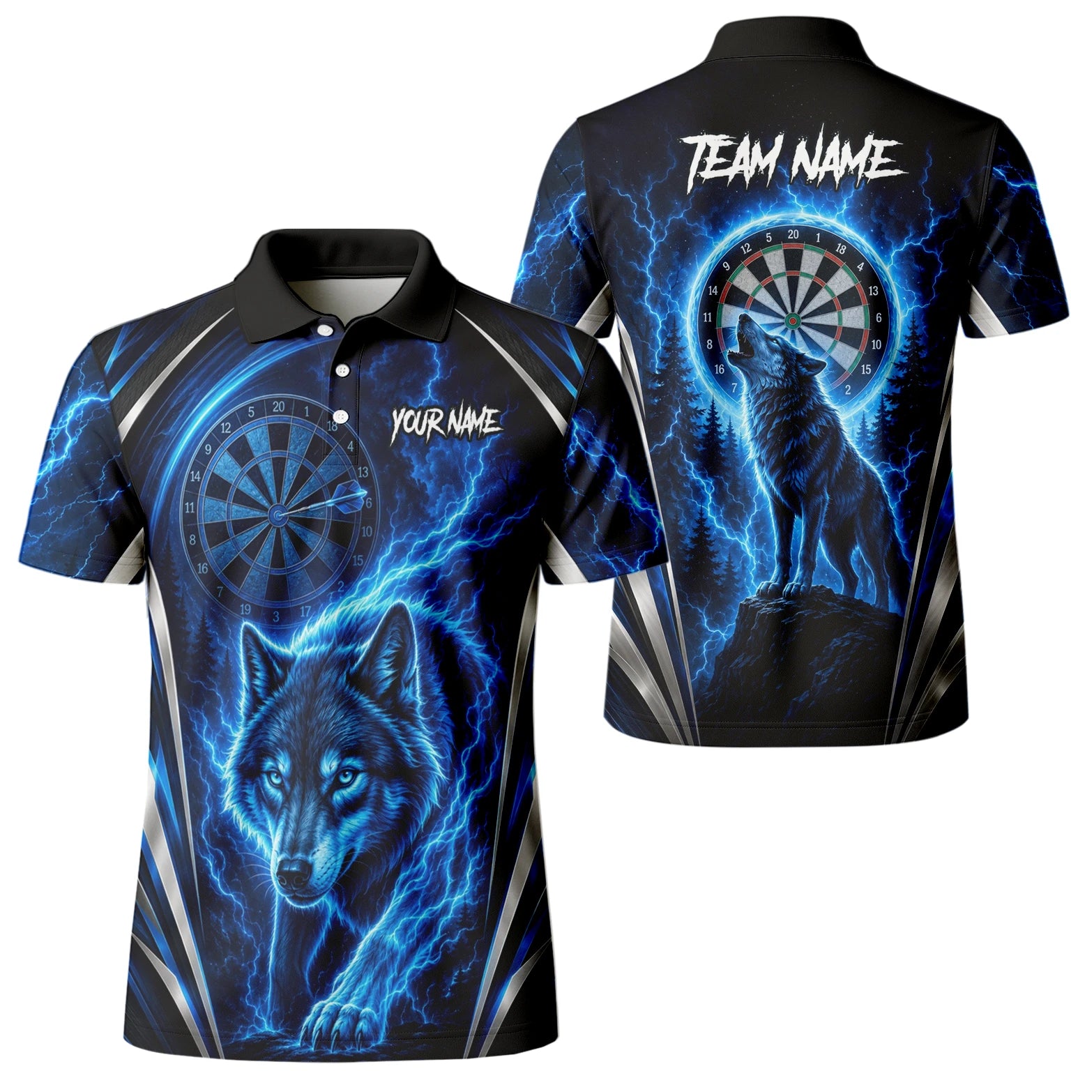 Personalisiertes Schwarz-blaues Wolf-Blitz-Dartshirt für Herren X929
