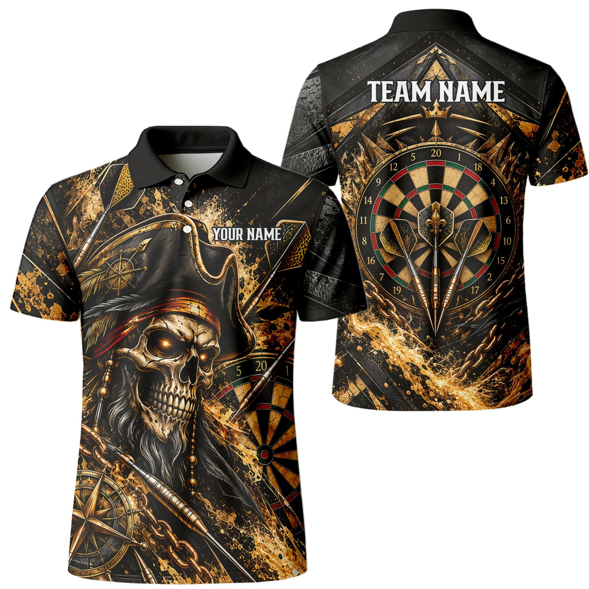 Personalisiertes Dartshirt in Schwarz und Gold mit Piraten-Totenkopf und Dartscheibe für Herren X7403