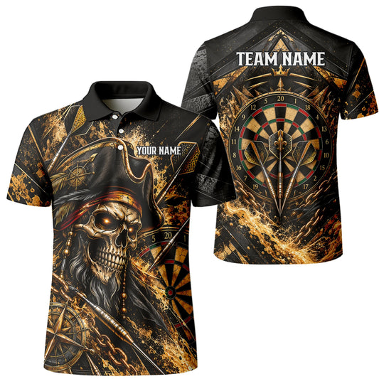 Personalisiertes Dartshirt in Schwarz und Gold mit Piraten-Totenkopf und Dartscheibe für Herren X7403