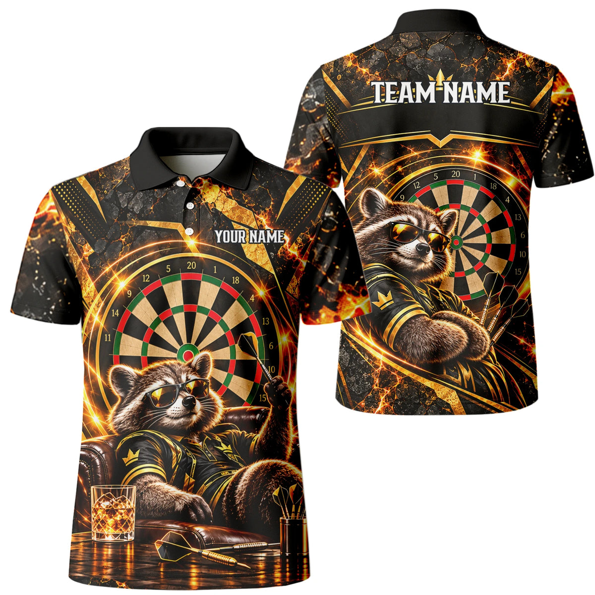 Personalisiertes Dartshirt mit schwarz-goldenem Waschbären und Dartscheibe für Herren B7615
