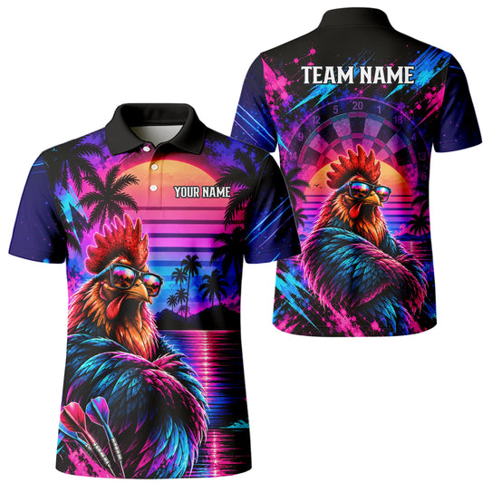 Personalisiertes Dartshirt in Pink, Lila und Blau mit Hahn, Palmen, Sonnenuntergang und Dartscheibe für Herren Q6611