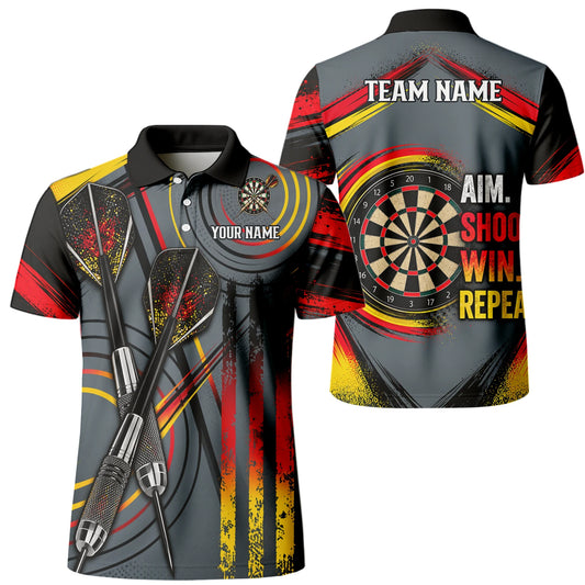 Personalisiertes Dartshirt in Grau, Schwarz, Rot und Gelb mit Dartpfeilen und Dartscheibe für Herren E2718