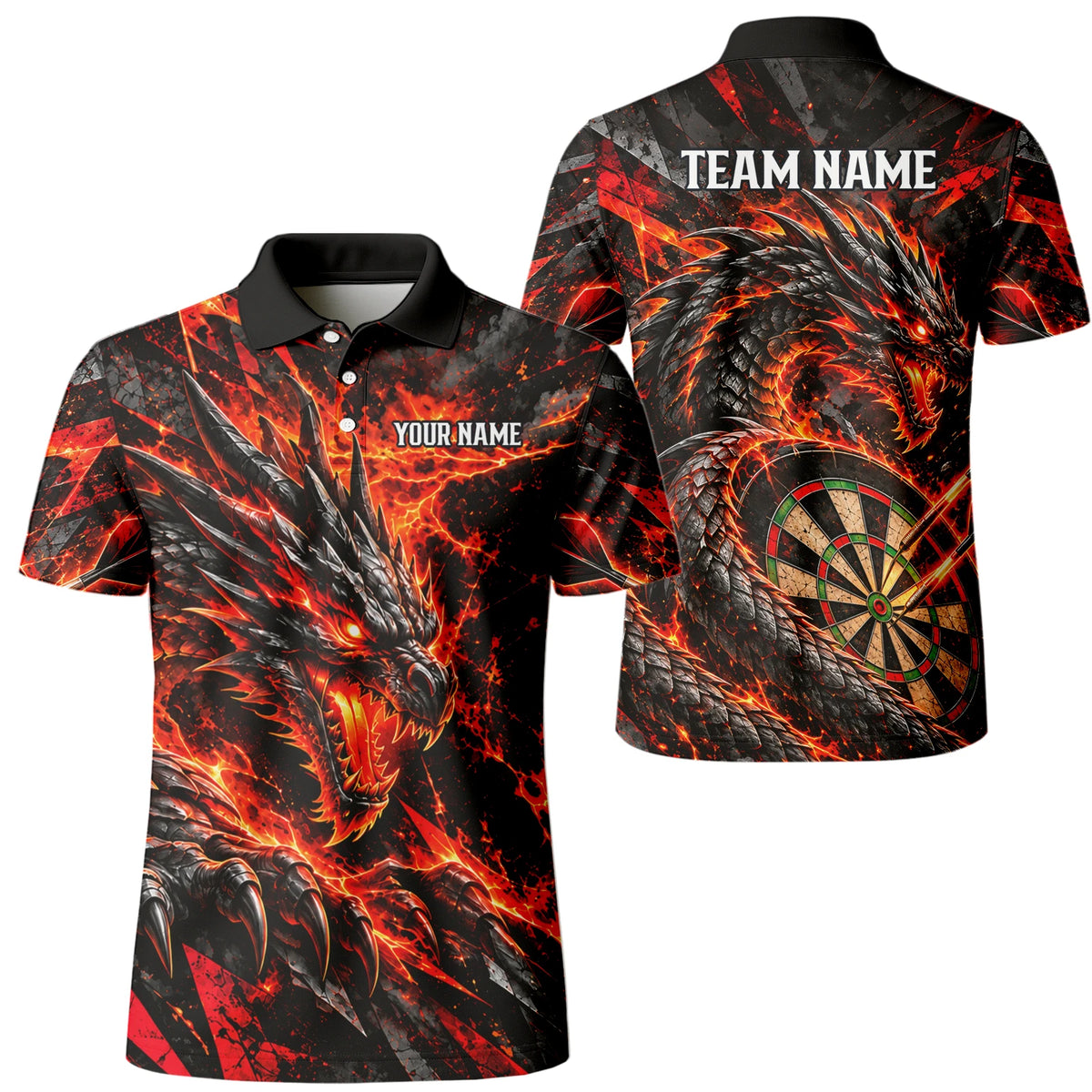 Personalisiertes Dartshirt mit schwarz-rotem Feuerdrachen und Dartscheibe für Herren B0683