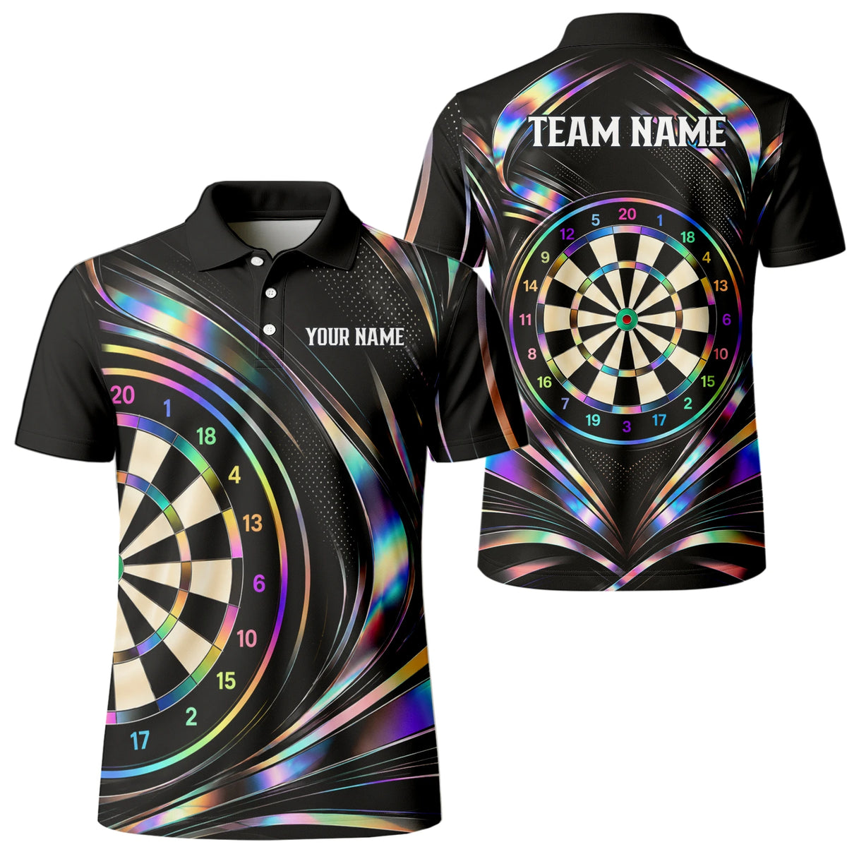 Personalisiertes Dartshirt in Schwarz mit regenbogenfarbenen Schwüngen und Dartscheibe für Herren Y5240
