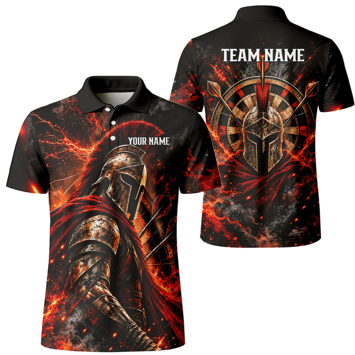 Personalisiertes Dartshirt in Schwarz, Rot und Orange mit Spartanerhelm, Flammen und Dartscheibe für Herren Z3444