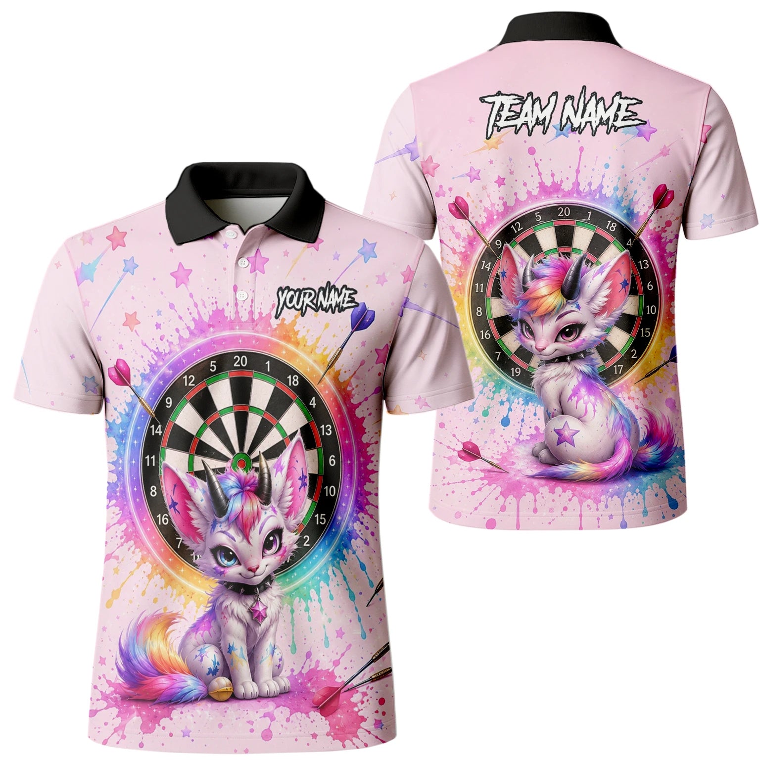 Personalisiertes Rosa Regenbogen Einhorn-Katzen-Dartshirt für Herren X398