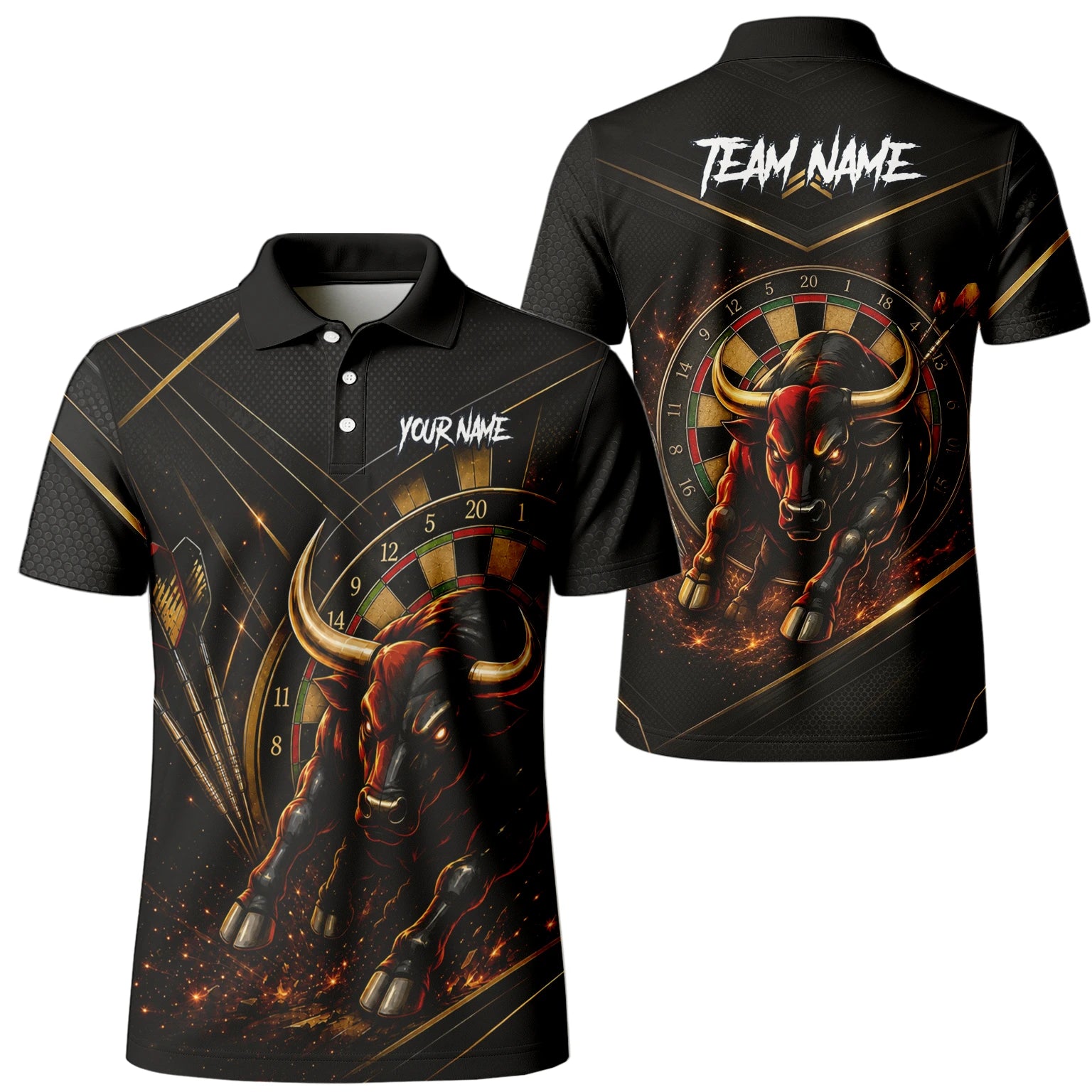 Personalisiertes Schwarz-goldenes Stier Dart Poloshirt für Herren K607