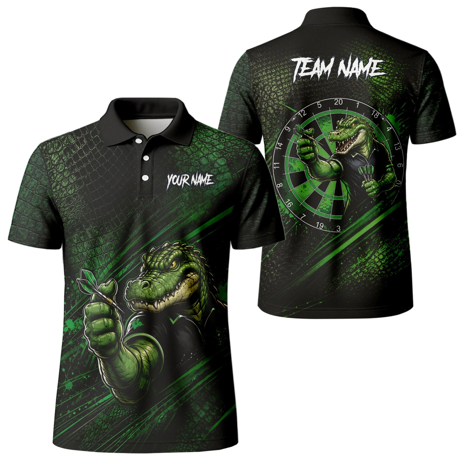 Personalisiertes Grün-schwarzes Alligator-Dartspieler-Dartshirt für Herren I987