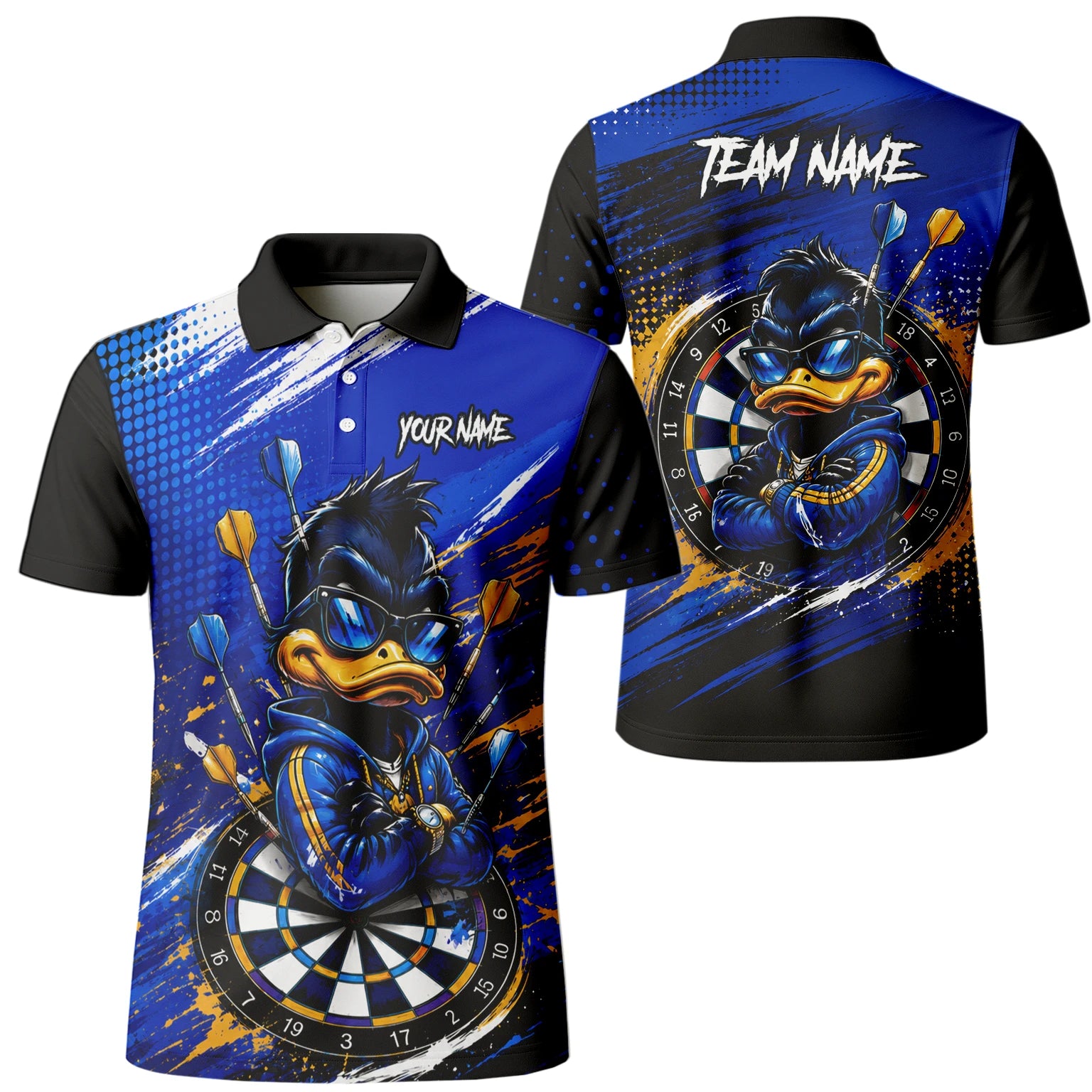 Personalisiertes Blau-goldenes Enten Dart Poloshirt für Herren L859