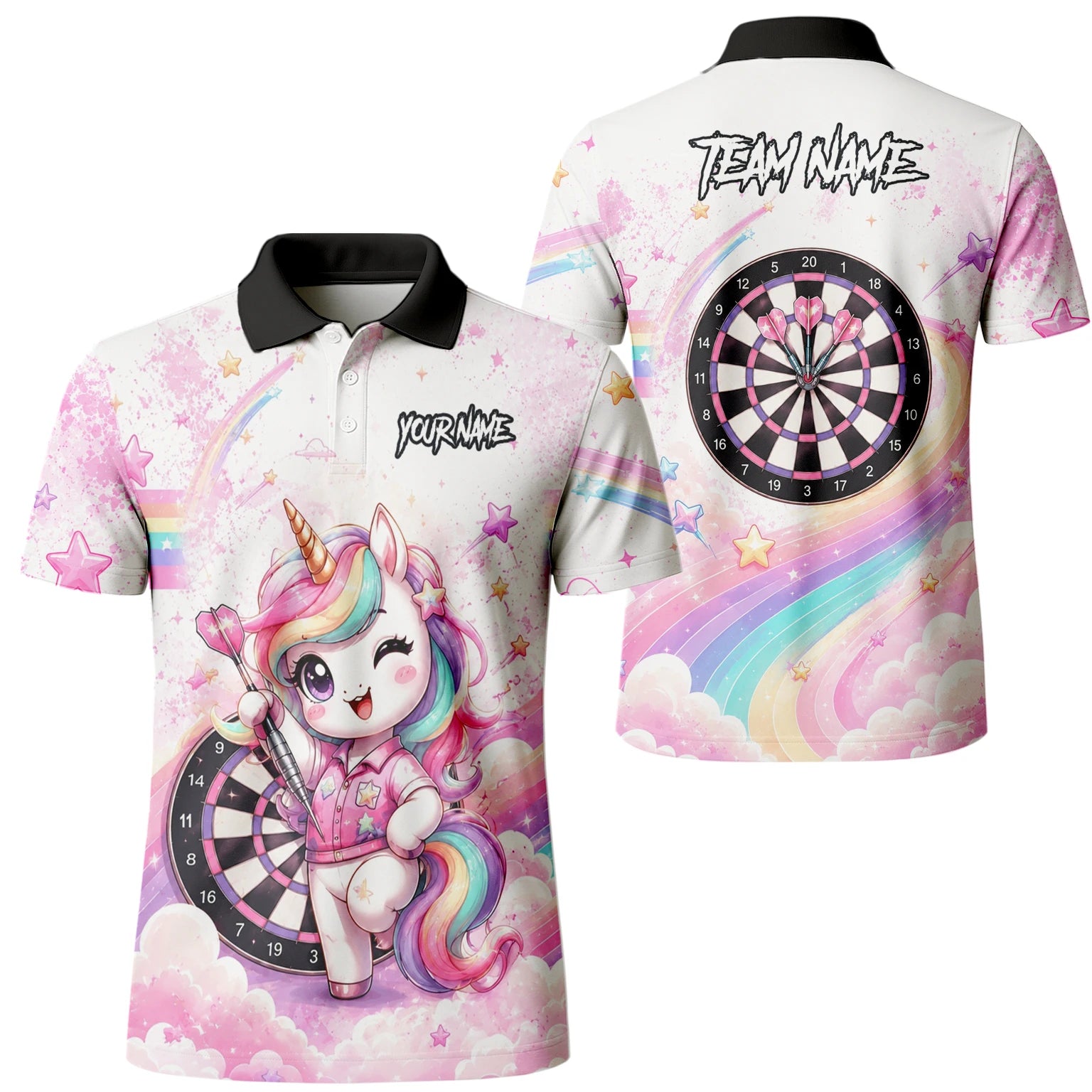 Personalisiertes Weiß-rosa Regenbogen-Einhorn-Dartshirt für Herren F188