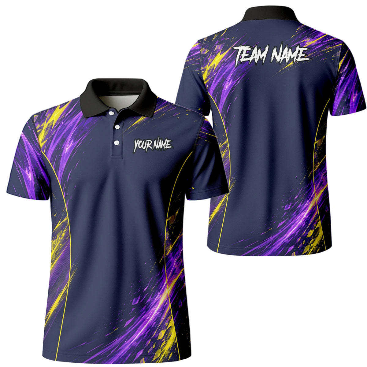 Personalisiertes Dartshirt mit dunkelblau-lila-gelbem abstraktem Design für Herren D517