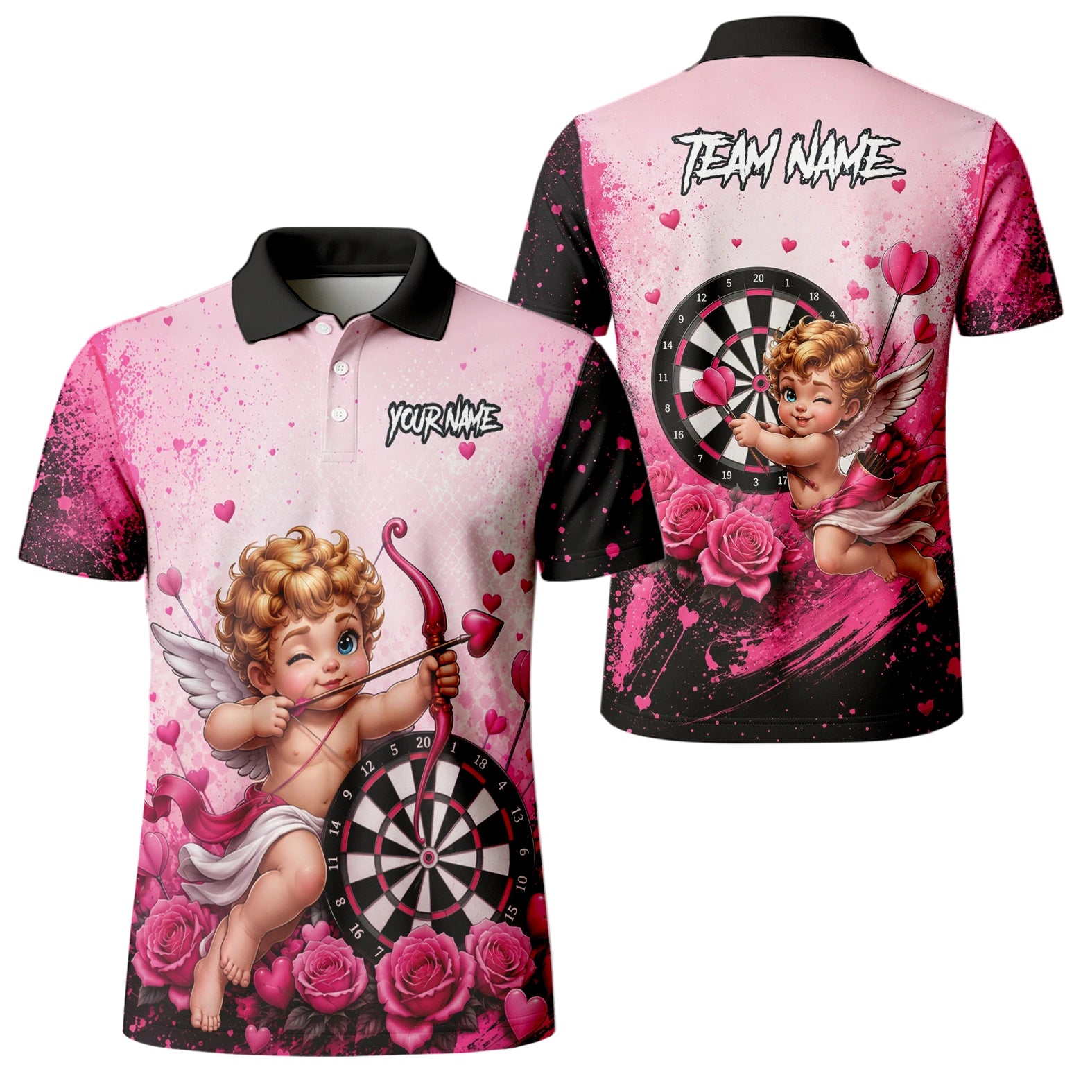 Personalisiertes Pink-schwarzes Amor-Dartboard Dartshirt für Herren I643