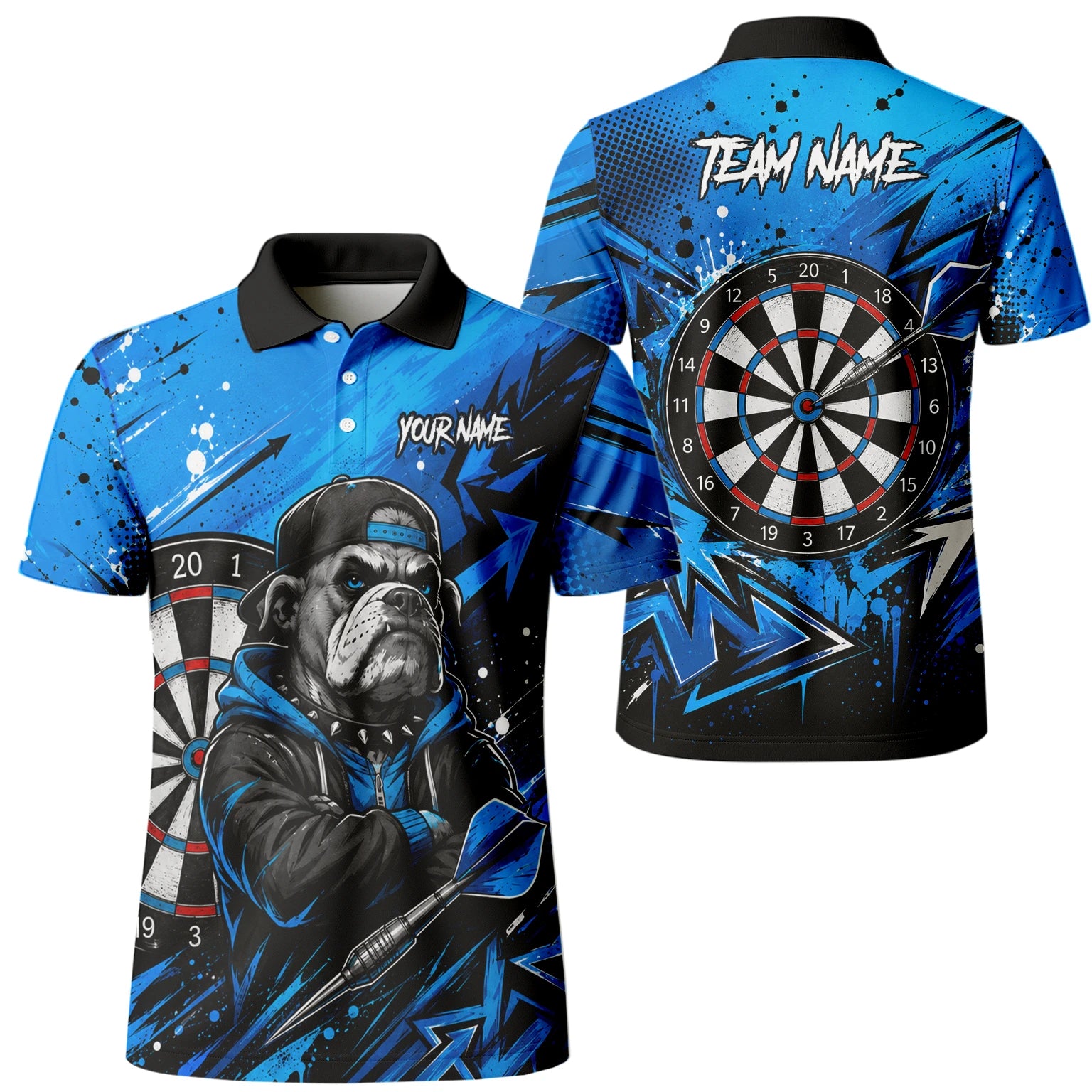 Personalisiertes Blau-schwarzes Bulldoggen-Dartshirt für Herren D529